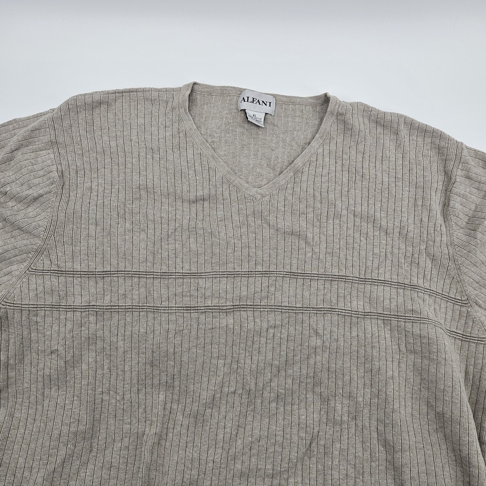 Alfani Mens XL Ribbed Cotton Short Sleeve V Neck Sweater Beige Made in Macau